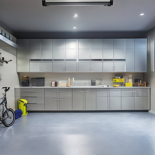 A well-lit, modern garage with epoxy-coated floors, sleek cabinetry, and a slatwall system showcasing organized tools and sports equipment, surrounded by a fresh coat of light gray paint and gleaming stainless steel accents.