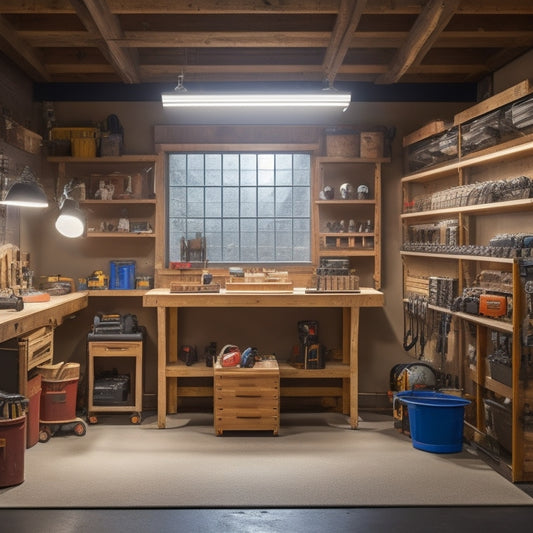 A well-organized, 10x12-foot garage workshop with a wooden workbench, metal tool chest, pegboard, and overhead storage racks, illuminated by natural light and a row of LED shop lights.