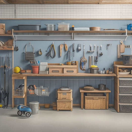 A well-organized garage with a sturdy wooden workbench, a pegboard filled with hanging tools, and storage bins and baskets on shelves, surrounded by a clean and polished concrete floor.