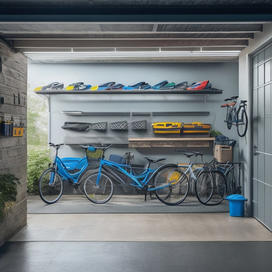 A clutter-free garage with a sleek, silver ceiling storage rack holding four bicycles, two kayaks, and several storage bins, surrounded by a few neatly parked cars and a minimalist workbench.