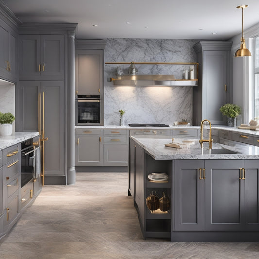 A luxurious, modern kitchen with sleek, grey cabinets, one drawer slightly ajar, revealing a soft-close mechanism, surrounded by high-end appliances and a large, marble-topped island.