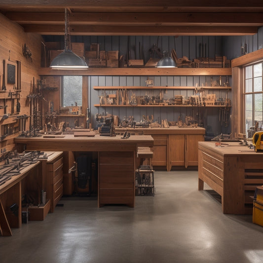A well-organized woodworking shop with a central workstation, surrounded by categorized tool stations, ample storage, and a designated area for material inventory, all connected by a logical workflow path.