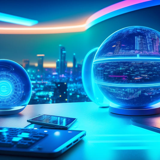 A futuristic, spherical virtual learning environment with glowing blue circuits and neon-lit connections, surrounded by floating laptops, tablets, and smartphones, with a subtle cityscape background.