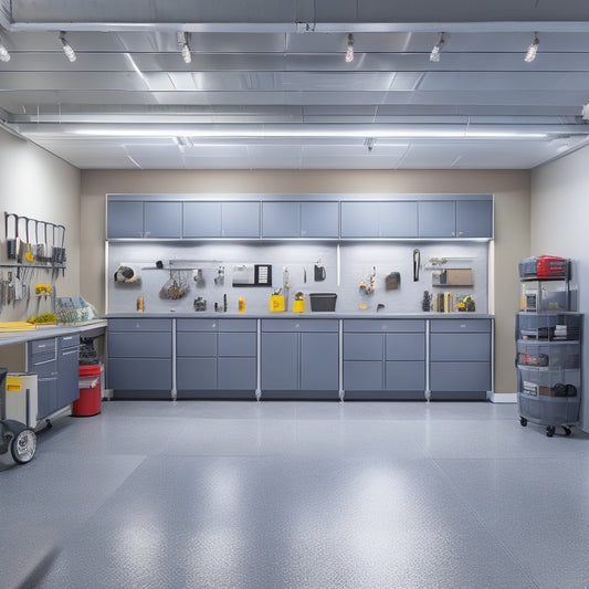 A well-lit, modern garage with sleek, gray cabinets, a pegboard with neatly hung tools, and a polished, epoxy-coated floor, featuring a few strategically parked vehicles and plenty of open space.