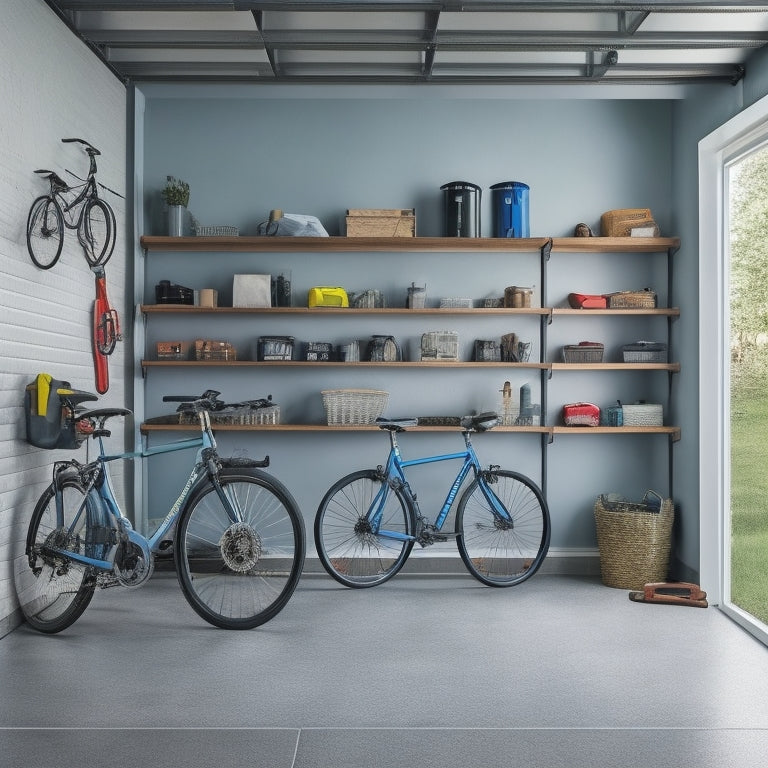 A clutter-free, well-lit garage with sleek, wall-mounted shelves in a compact, L-shape configuration, holding storage bins, bicycles, and tools, surrounded by a clean, gray concrete floor.