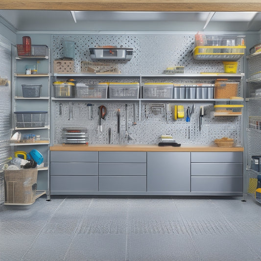 A clutter-free garage interior with a sleek, gray epoxy-coated floor, rows of silver metal shelving units, and a pegboard with neatly organized tools and accessories.