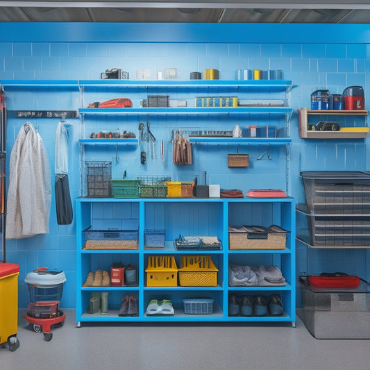 A well-lit, modern garage with sleek metal shelves, organized bins, and a pegboard, featuring a variety of neatly arranged tools and accessories, with colorful labels and a sense of calm efficiency.