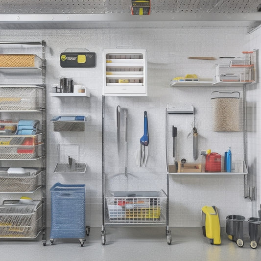 A clutter-free garage with a sleek, silver pegboard on one wall, holding various tools and accessories, and a compact, three-tiered shelving unit against another, storing labeled bins and baskets.