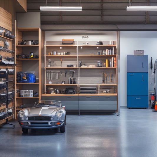 A sleek, modern garage with polished concrete floors, featuring a silver sports car on a hydraulic lift, surrounded by slatted wooden cabinets, metal shelving units, and a pegboard with neatly organized tools.