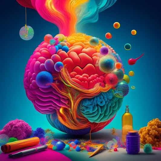 A vibrant, abstract illustration featuring a central brain with radiant, swirling tendrils that burst into colorful, interconnected bubbles, surrounded by creative tools and eclectic objects.