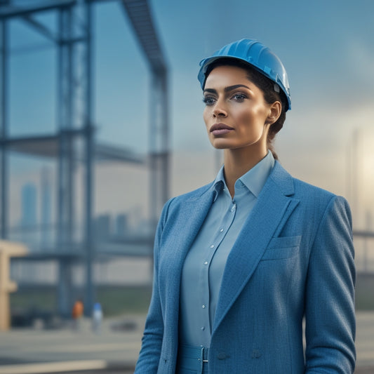 A serene, confident figure standing in front of a partially built steel structure, with a blueprint rolled up in their hand and a cityscape visible in the background, symbolizing growth and progress.