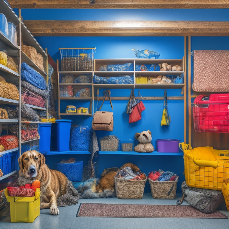 A clutter-free garage with a pet bed in the corner, surrounded by labeled bins and hooks holding pet accessories, leashes, and toys, with a slatwall and baskets storing pet food and supplies.