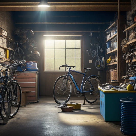 A cluttered garage interior with tools scattered on the floor, bicycles leaning against the walls, and boxes stacked haphazardly, with a single, open door in the background, casting a beam of light.