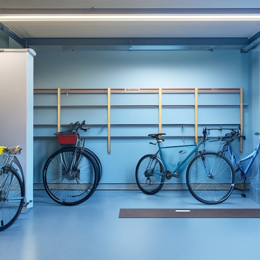 A well-lit, spacious garage with sleek gray floors, white walls, and a ceiling-mounted bike rack holding three bicycles, surrounded by labeled storage bins, hooks, and a pegboard with neatly hung tools.