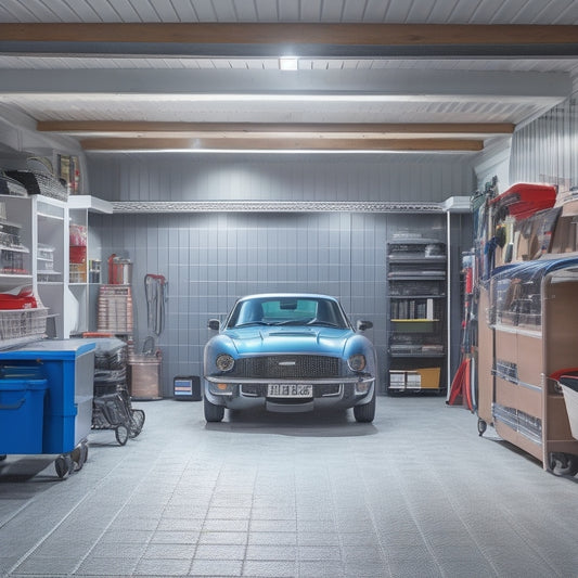 A clutter-free garage with a sleek, silver car parked in the center, surrounded by organized pegboards, labeled storage bins, and a slatted ceiling with recessed LED lighting.