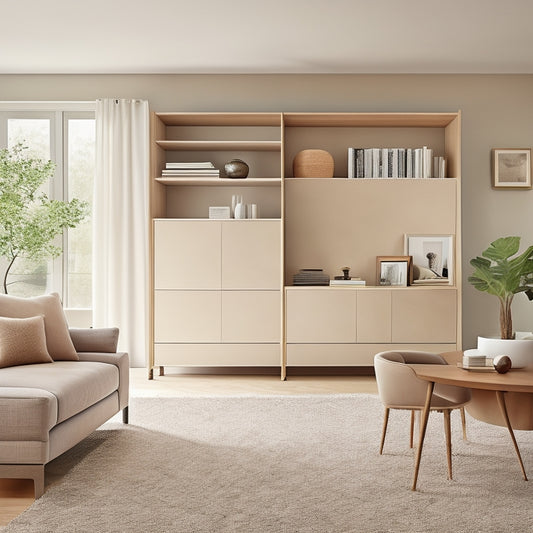 A serene, minimalist living room with a neutral color palette, featuring a floor-to-ceiling storage unit with sliding drawers, a sleek desk with built-in shelving, and a few, carefully placed decorative objects.