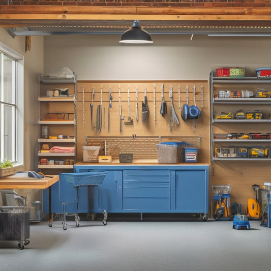 A well-lit, clutter-free garage with a sleek workbench, pegboard with neatly hung tools, and a slatwall with storage bins, baskets, and hooks, set against a clean, gray concrete floor.