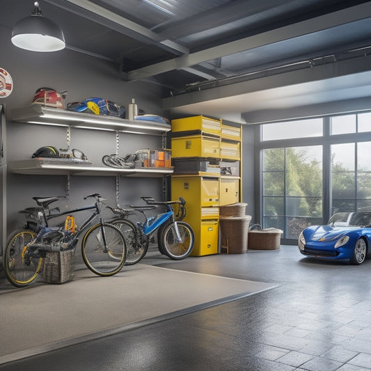 A well-lit, clutter-free garage with a sleek epoxy-coated floor, organized toolboxes, and labeled storage bins on slatwall panels, surrounded by a few neatly parked bicycles and a sports car.