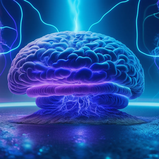 A futuristic, neon-lit brain with glowing blue circuits and sparkling silver threads, surrounded by swirling clouds of ROCKWOOL insulation, radiating light and energy outward.
