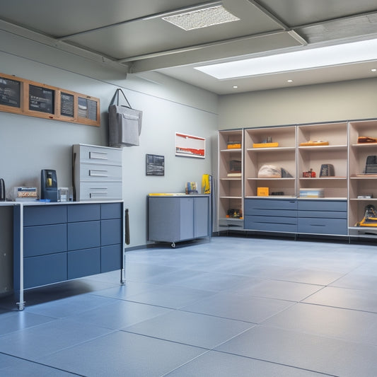 A modern garage interior with sleek gray walls, polished concrete floor, and organized storage systems, featuring a 3D room planner design on a tablet beside a measuring tape and architectural plans.