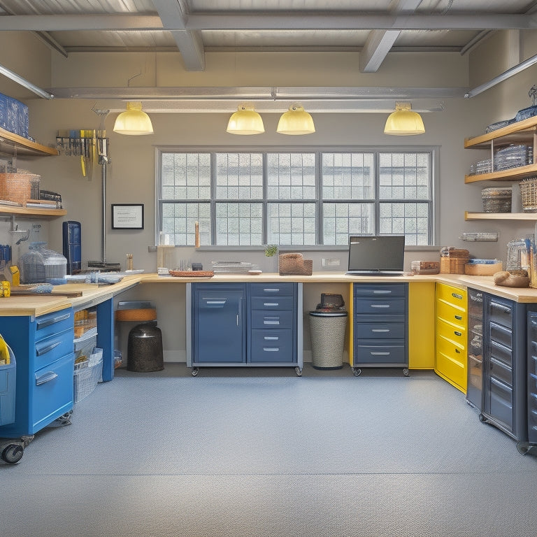 An organized garage with a senior-friendly workstation featuring a waist-high workbench, nearby seating, and ample storage bins and shelves, all within easy reach and with clear walking paths.