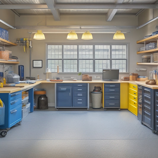 An organized garage with a senior-friendly workstation featuring a waist-high workbench, nearby seating, and ample storage bins and shelves, all within easy reach and with clear walking paths.