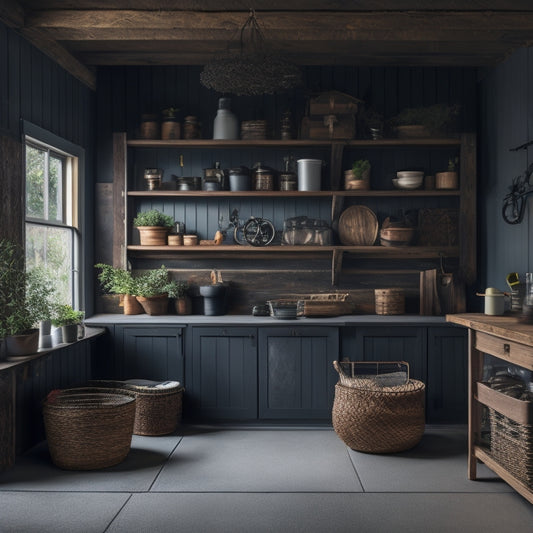 A garage transformed into a cozy space with a large, dark grey chalkboard wall, wooden shelves, and rustic metal baskets, surrounded by warm lighting and minimalist decor.