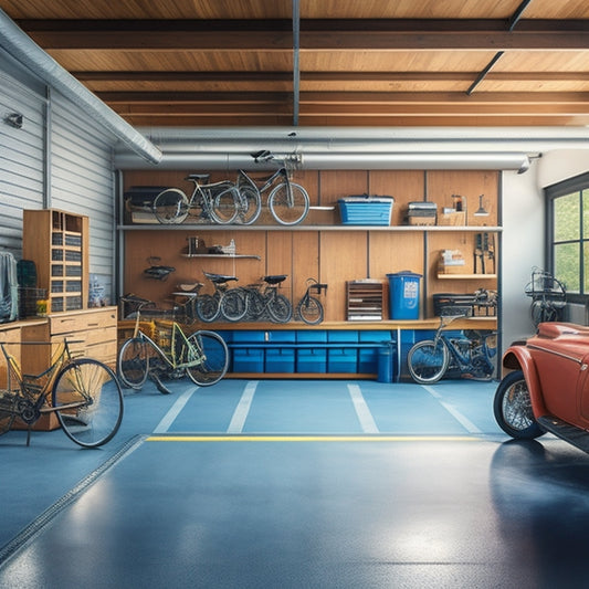 A well-organized garage with a sleek, silver sports car parked in the center, surrounded by neatly stacked storage bins, bicycles, and toolboxes, with a slatted wooden ceiling and epoxy-coated floor.