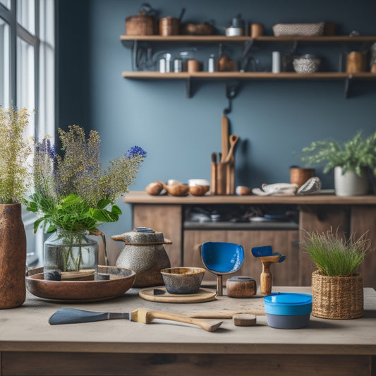 A modern, well-lit home interior with a mix of renovation tools and decorative items, including a hammer, paintbrush, and vase, arranged on a wooden workbench or table amidst a blurred background.