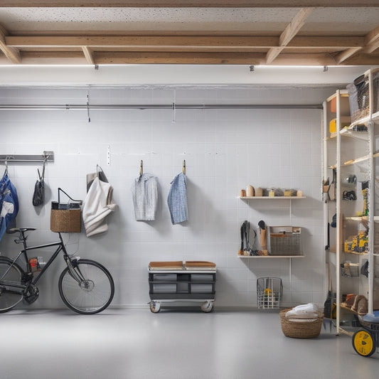 A well-lit, clutter-free garage with a sleek, gray epoxy floor, featuring a pegboard with hanging bikes, tools, and baskets, alongside a modular shelving system with labeled bins and a compact workstation.