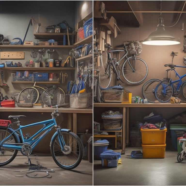 An image depicting a before-and-after scene: a cluttered garage with scattered tools, bikes, and boxes transitions into an organized space with labeled bins, hanging bicycles, and a tidy workbench.
