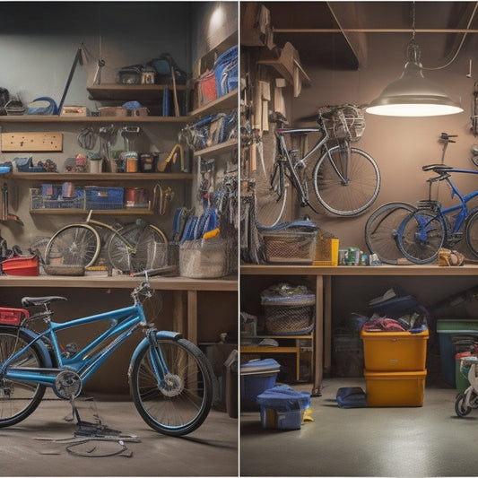 An image depicting a before-and-after scene: a cluttered garage with scattered tools, bikes, and boxes transitions into an organized space with labeled bins, hanging bicycles, and a tidy workbench.