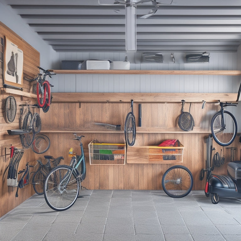 A clutter-free small garage with a slatted wall organizer, labeled bins, and a ceiling-mounted bike rack, surrounded by a sleek sports car and a few well-placed tools.