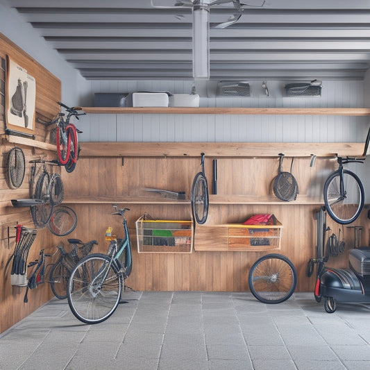A clutter-free small garage with a slatted wall organizer, labeled bins, and a ceiling-mounted bike rack, surrounded by a sleek sports car and a few well-placed tools.
