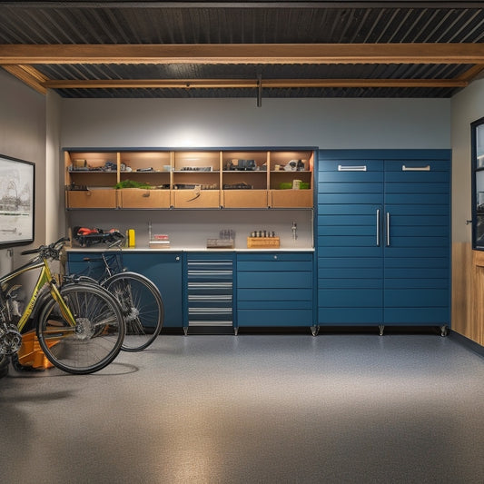 A well-lit, modern garage with sleek, gray cabinets, a stainless steel workbench, and a slatted wall system holding bikes, tools, and storage bins, surrounded by a polished, dark-gray epoxy floor.