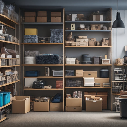 A cluttered storage room with overflowing shelves, tangled cables, and dusty boxes, contrasted with a minimalist, organized section in the background, featuring a few neatly labeled containers and a single, sleek storage unit.