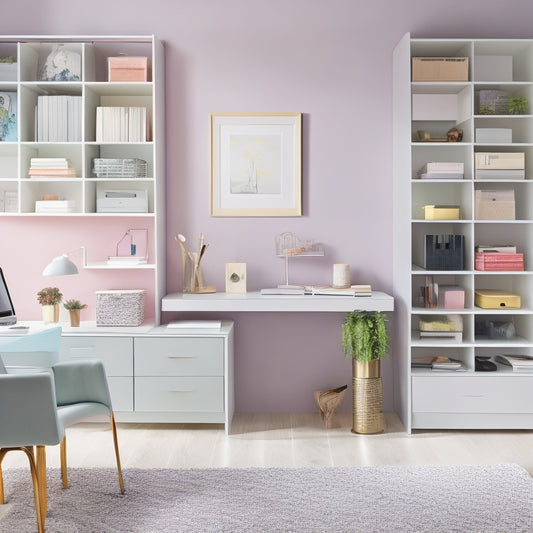 A tidy, modern home office with a desk, shelves, and storage bins, each labeled with colorful, sleek P-Touch labels, amidst a subtle background of calming pastel hues.