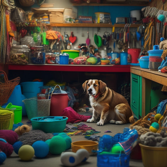 A cluttered garage with pet supplies, toys, and accessories scattered throughout, with a frustrated pet owner in the background, surrounded by open containers and tangled leashes.