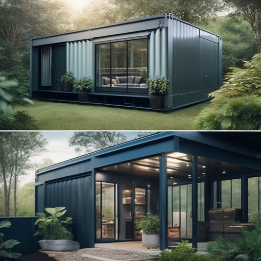 A modern, sleek shipping container garage with a retractable roof, surrounded by lush greenery, featuring a metallic staircase, large glass doors, and a bold, angular design.