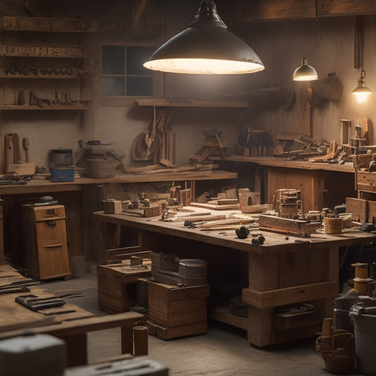 A cluttered but organized woodworking workshop with a central wooden workbench, surrounded by various DIY projects in progress, tools, and wooden planks, with a subtle warm lighting and a sense of creativity.