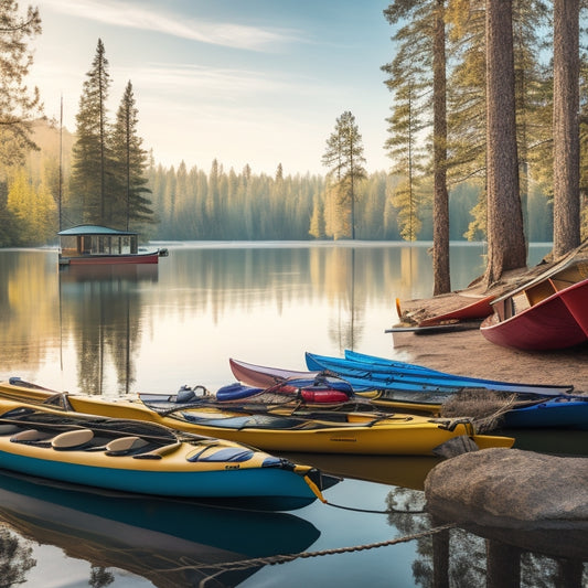 A serene lakeside scene with three kayaks and two canoes, each stored on a different type of rack or holder, showcasing various storage methods, such as wall-mounted, freestanding, and hanging systems.