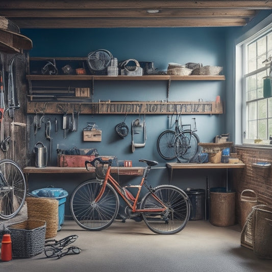 A cluttered small garage with bicycles, tools, and storage bins scattered around, contrasted with a tidy and organized section featuring a slatwall with hooks, bins, and a foldable workbench.