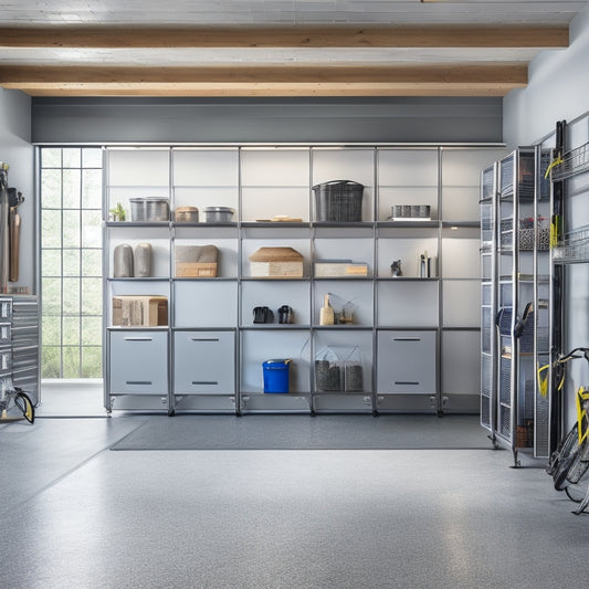 A clutter-free garage with sleek, silver metallic shelves and cabinets, filled with organized tools and sports equipment, surrounded by a polished concrete floor and natural light pouring in through large windows.