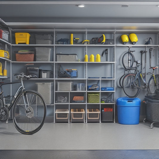 A modern, organized garage interior with sleek, wall-mounted shelves and cabinets in a metallic finish, filled with neatly arranged bins, baskets, and garage tools, with a few bicycles and a sports car in the background.