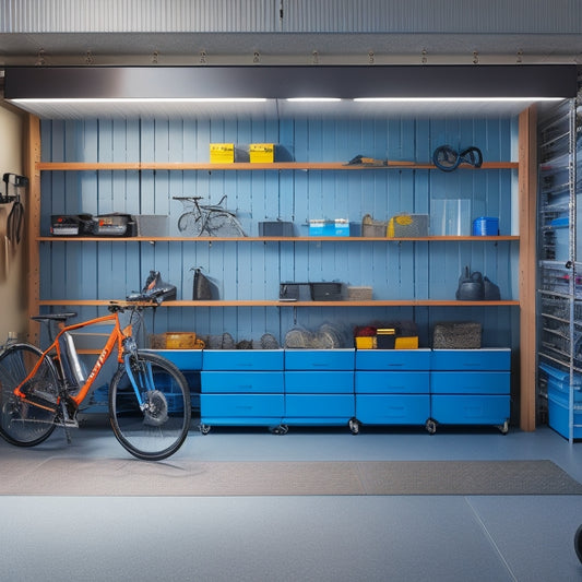 A well-lit, modern garage with sleek, silver storage units and labeled bins, a pegboard with neatly hung tools, and a polished, epoxy-coated floor reflecting a row of perfectly parked bicycles.