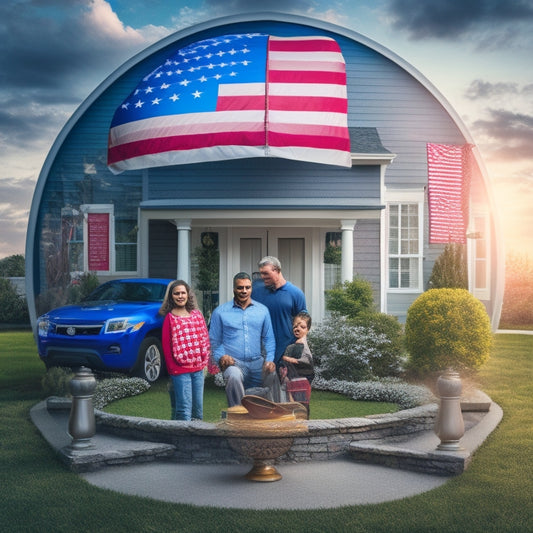 An illustration of a shield protecting a family and their home, with a subtle American flag pattern in the background, surrounded by icons of different insurance coverage types (e.g., car, home, life).