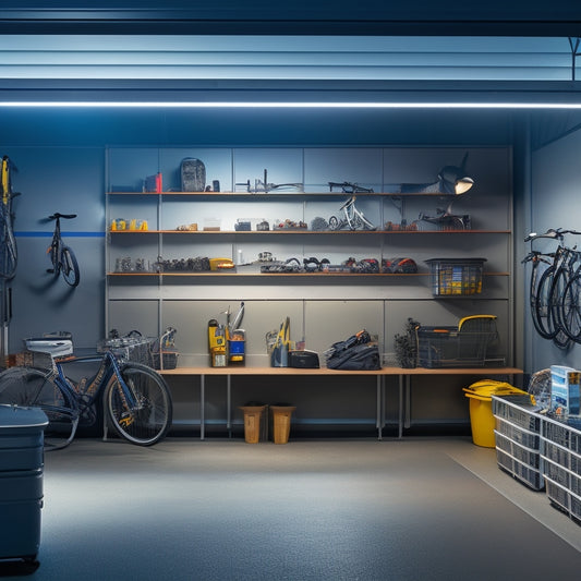 A well-organized metal garage with slatwall panels, hooks, and bins, featuring a sleek silver car, a few bicycles, and a workbench with tools, all illuminated by bright LED lighting.