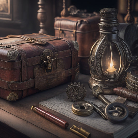 A vintage-style key unlocking a old-fashioned treasure chest filled with rolled-up blueprints, gears, and tiny car parts, surrounded by dimly lit, mysterious, and worn-out leather-bound books.