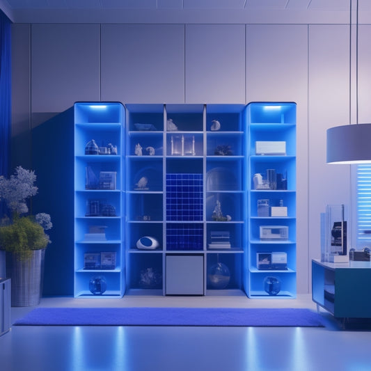 A futuristic, minimalist room with a sleek, metallic BROR Planner unit at its center, surrounded by levitating, color-coded storage cubes, and soft, blue ambient lighting.