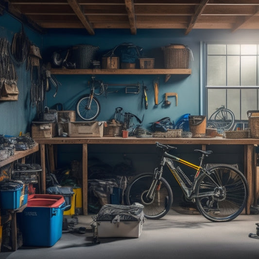 A cluttered garage with scattered tools, bike, and boxes, overshadowed by a calm and organized garage in the background, with labeled bins, a tidy workbench, and a hanging bike rack.
